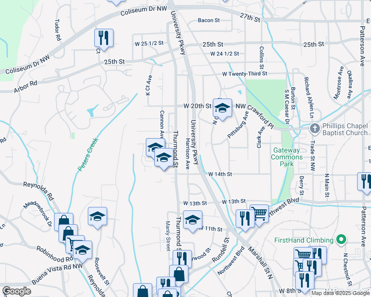 map of restaurants, bars, coffee shops, grocery stores, and more near 1600 Harrison Avenue in Winston-Salem