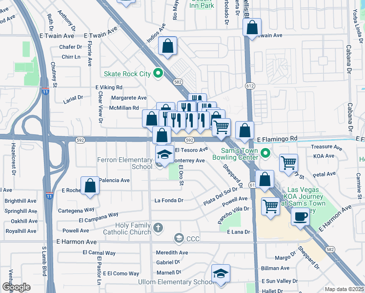 map of restaurants, bars, coffee shops, grocery stores, and more near 4721 El Tesoro Avenue in Las Vegas