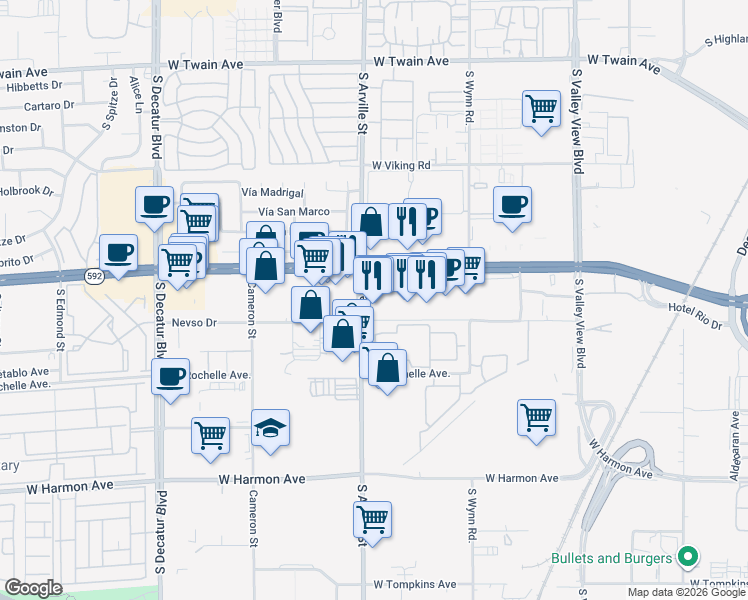 map of restaurants, bars, coffee shops, grocery stores, and more near 4321 Nevada 592 in Las Vegas