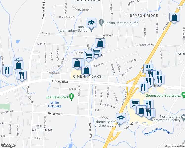 map of restaurants, bars, coffee shops, grocery stores, and more near 3100 Summit Avenue in Greensboro