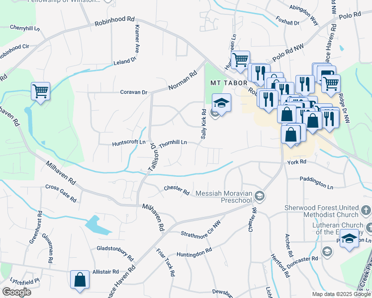 map of restaurants, bars, coffee shops, grocery stores, and more near 3405 Jameson Lane in Winston-Salem