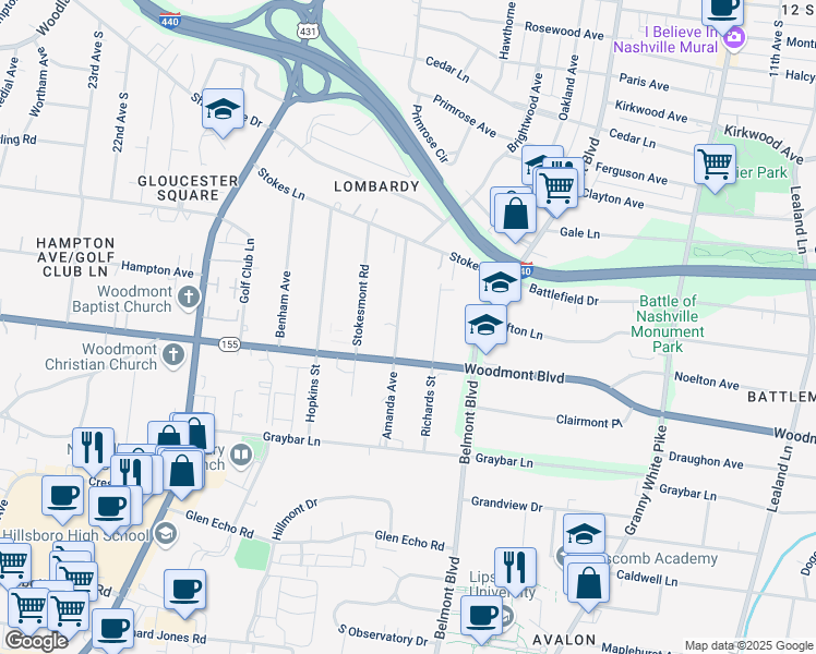 map of restaurants, bars, coffee shops, grocery stores, and more near 3427 Richards Street in Nashville