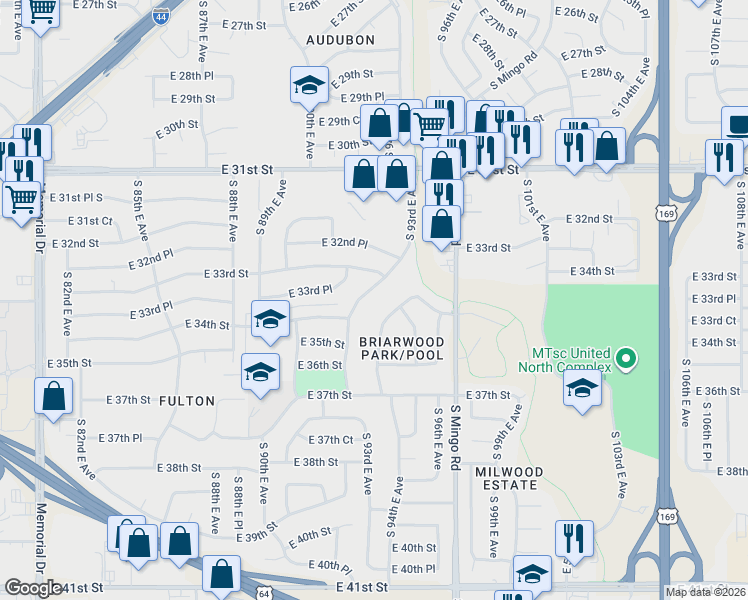 map of restaurants, bars, coffee shops, grocery stores, and more near 3345 South 93rd East Avenue in Tulsa