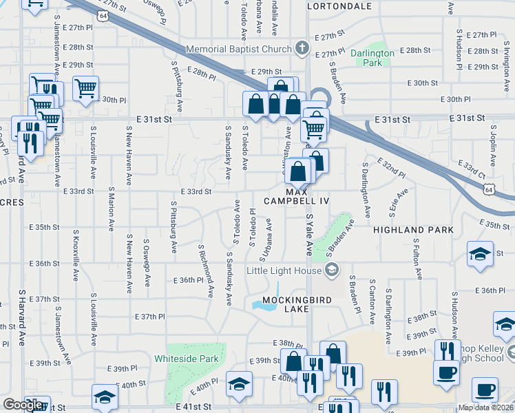 map of restaurants, bars, coffee shops, grocery stores, and more near 4541 East 35th Street in Tulsa