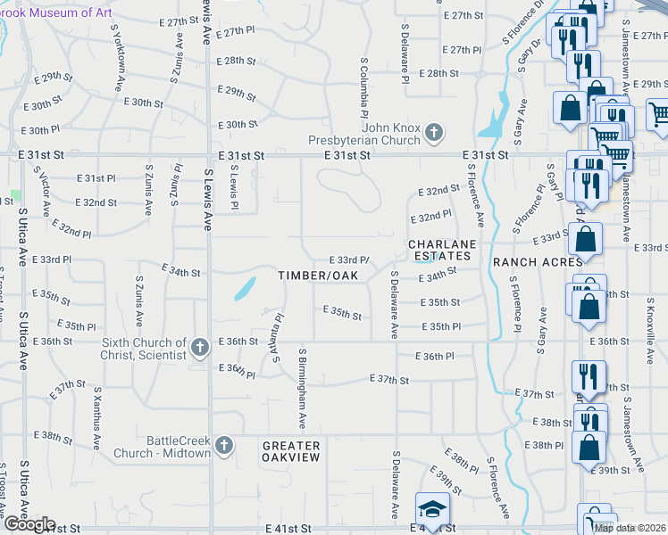 map of restaurants, bars, coffee shops, grocery stores, and more near 2623 East 34th Street in Tulsa