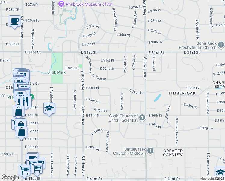 map of restaurants, bars, coffee shops, grocery stores, and more near 3501 South Yorktown Place in Tulsa