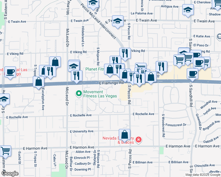 map of restaurants, bars, coffee shops, grocery stores, and more near 3253 East Flamingo Road in Las Vegas
