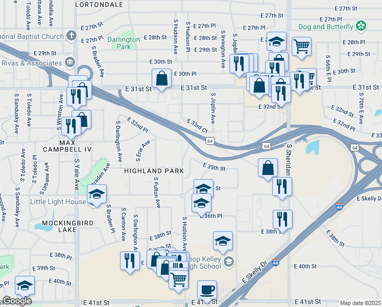 map of restaurants, bars, coffee shops, grocery stores, and more near 3512 South Irvington Place in Tulsa