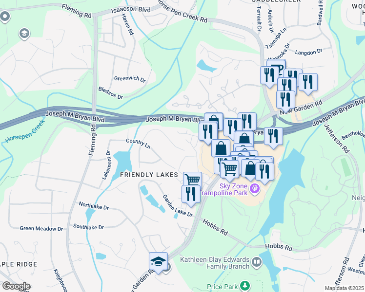 map of restaurants, bars, coffee shops, grocery stores, and more near 1835 New Bedford Drive in Greensboro