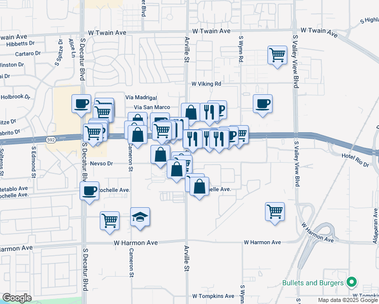 map of restaurants, bars, coffee shops, grocery stores, and more near 4381 West Flamingo Road in Las Vegas
