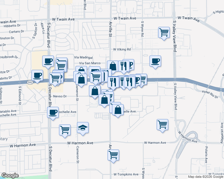 map of restaurants, bars, coffee shops, grocery stores, and more near 4321 Nevada 592 in Las Vegas