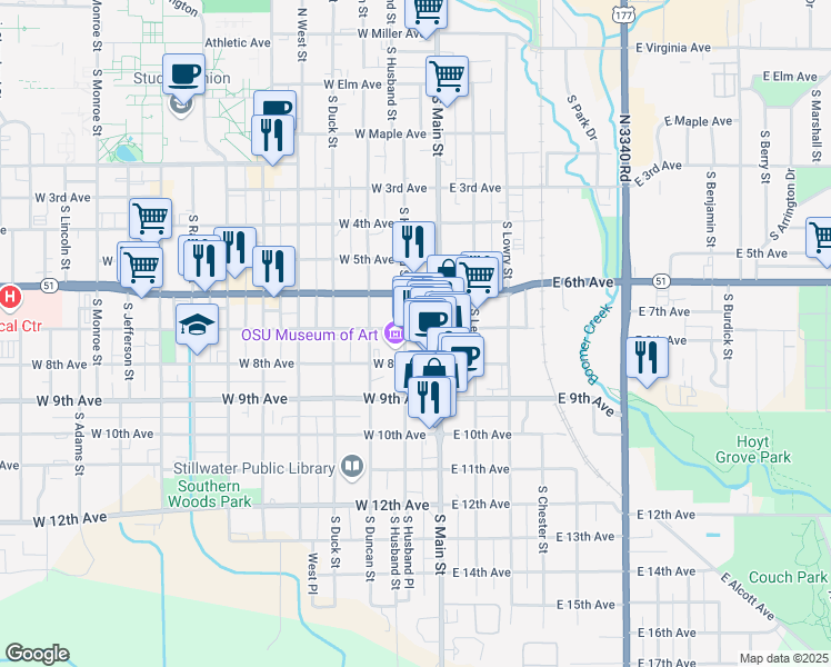 map of restaurants, bars, coffee shops, grocery stores, and more near 117 West 7th Avenue in Stillwater