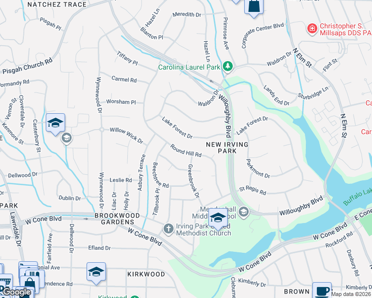 map of restaurants, bars, coffee shops, grocery stores, and more near 2927 Round Hill Road in Greensboro