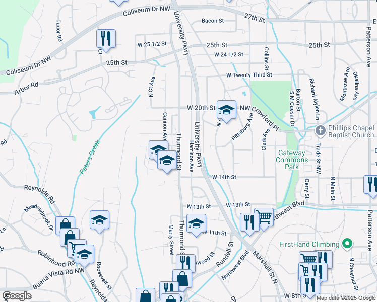 map of restaurants, bars, coffee shops, grocery stores, and more near 1600 Harrison Avenue in Winston-Salem
