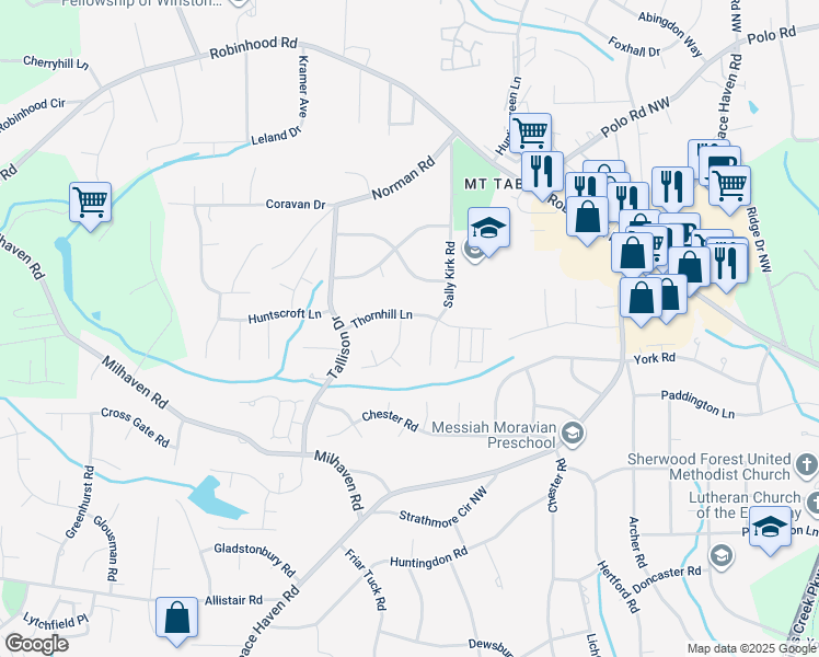 map of restaurants, bars, coffee shops, grocery stores, and more near 3405 Jameson Lane in Winston-Salem