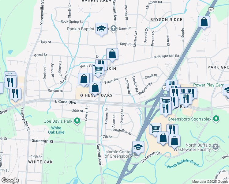 map of restaurants, bars, coffee shops, grocery stores, and more near 3203 Orange Street in Greensboro