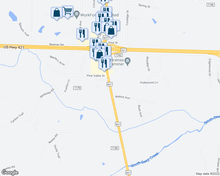 map of restaurants, bars, coffee shops, grocery stores, and more near 101 Oakwood Road in Yadkinville
