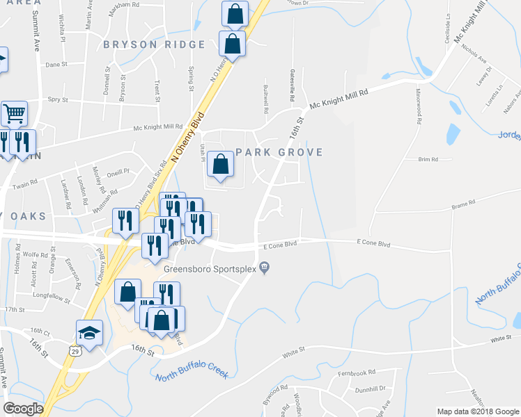 map of restaurants, bars, coffee shops, grocery stores, and more near 2574 16th Street in Greensboro