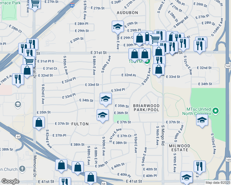 map of restaurants, bars, coffee shops, grocery stores, and more near 8935 East 34th Street in Tulsa