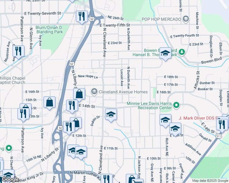 map of restaurants, bars, coffee shops, grocery stores, and more near 1245 Willie Davis Drive in Winston-Salem