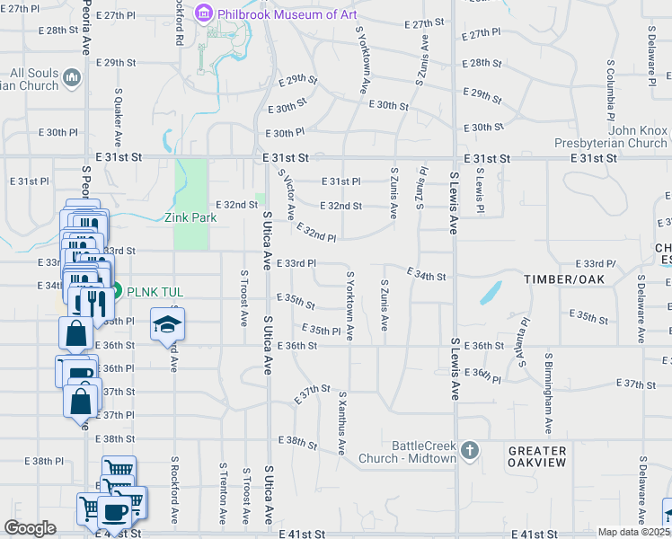 map of restaurants, bars, coffee shops, grocery stores, and more near 1948 East 33rd Place in Tulsa