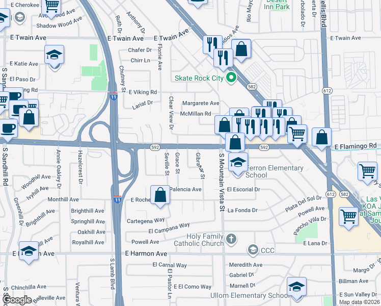 map of restaurants, bars, coffee shops, grocery stores, and more near 4122 Victoria Street in Las Vegas