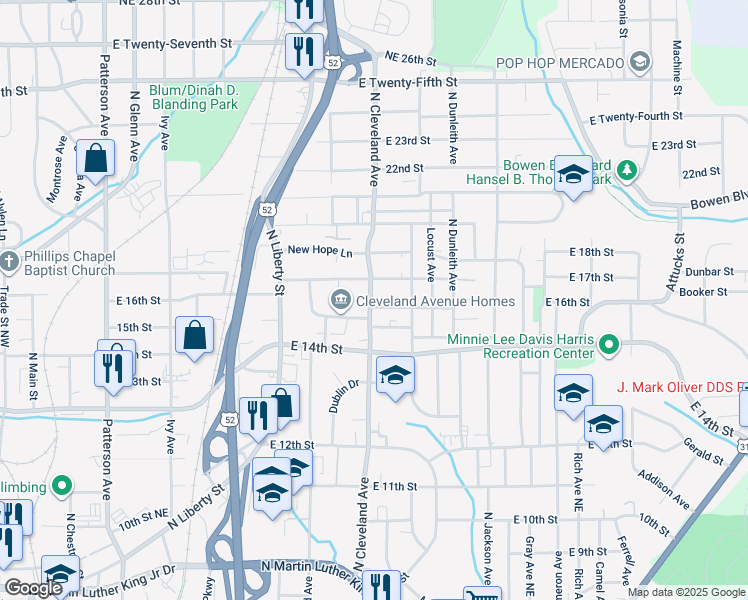 map of restaurants, bars, coffee shops, grocery stores, and more near 1603 North Cleveland Avenue in Winston-Salem