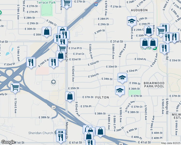 map of restaurants, bars, coffee shops, grocery stores, and more near 8249 East 33rd Place in Tulsa