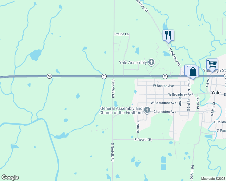 map of restaurants, bars, coffee shops, grocery stores, and more near N3530 Road in Yale