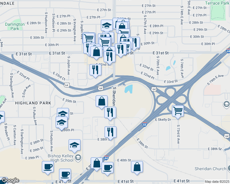 map of restaurants, bars, coffee shops, grocery stores, and more near 3441 South Sheridan Road in Tulsa