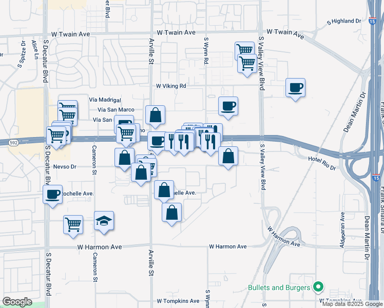 map of restaurants, bars, coffee shops, grocery stores, and more near 4183 West Flamingo Road in Las Vegas