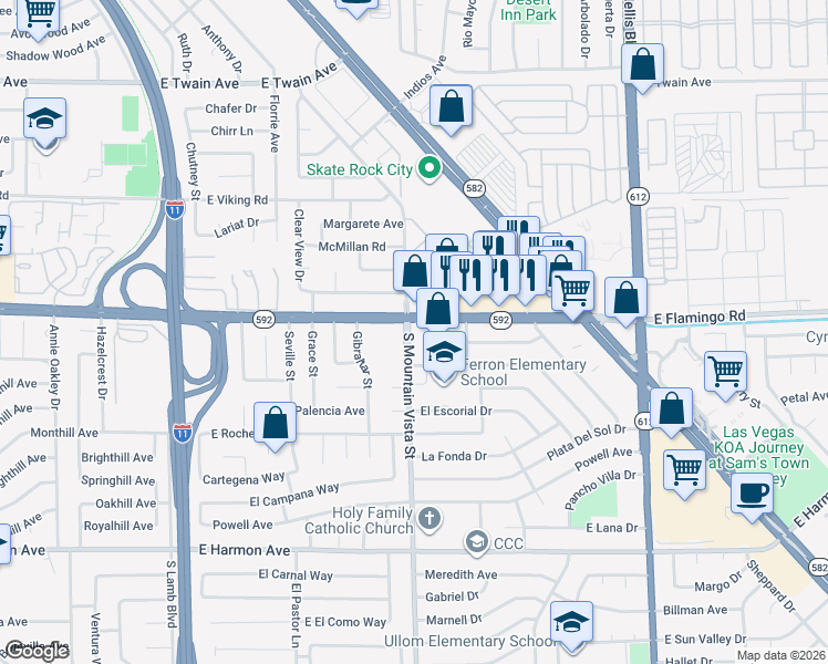 map of restaurants, bars, coffee shops, grocery stores, and more near 4595 East Flamingo Road in Las Vegas
