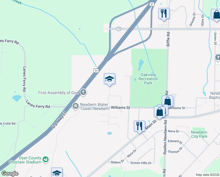 map of restaurants, bars, coffee shops, grocery stores, and more near 820 Williams Street in Newbern