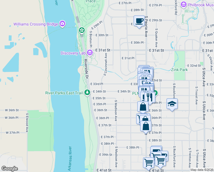 map of restaurants, bars, coffee shops, grocery stores, and more near 207 East 34th Street in Tulsa