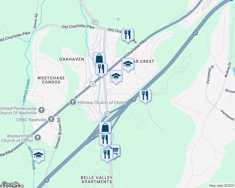 map of restaurants, bars, coffee shops, grocery stores, and more near Tidwell Road in Nashville