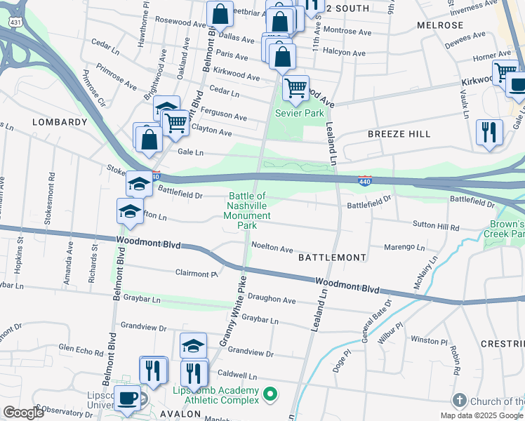 map of restaurants, bars, coffee shops, grocery stores, and more near 1112 Clifton Lane in Nashville