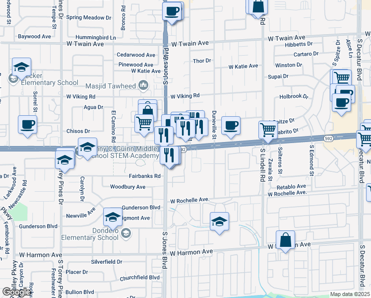map of restaurants, bars, coffee shops, grocery stores, and more near 5975 West Flamingo Road in Las Vegas
