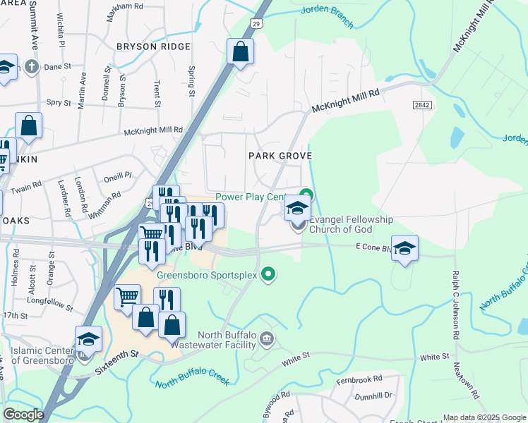 map of restaurants, bars, coffee shops, grocery stores, and more near 2571 Sixteenth Street in Greensboro