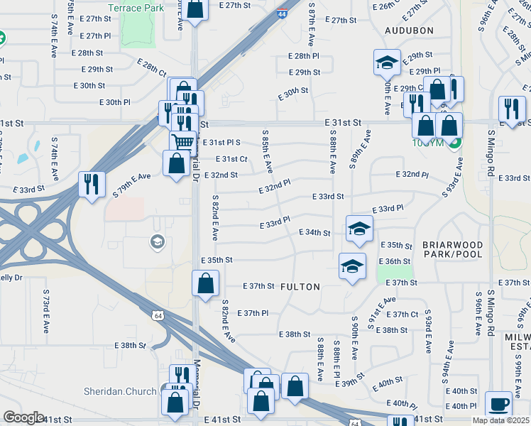 map of restaurants, bars, coffee shops, grocery stores, and more near 8249 East 33rd Place in Tulsa