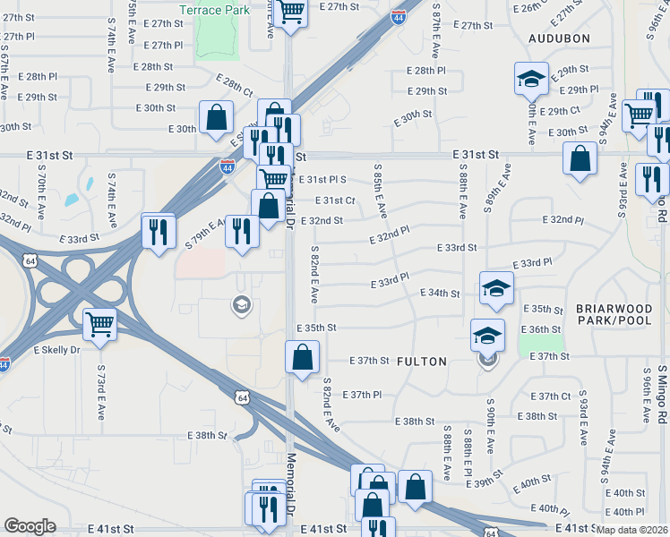 map of restaurants, bars, coffee shops, grocery stores, and more near 8219 East 33rd Place in Tulsa