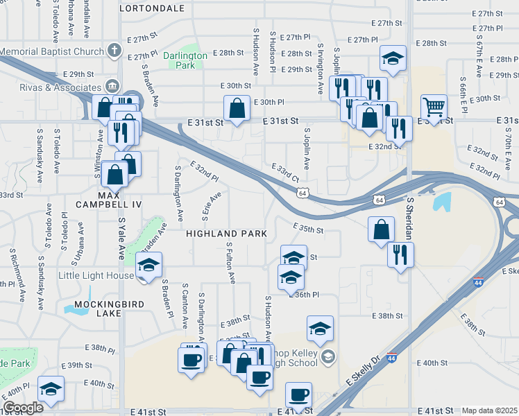 map of restaurants, bars, coffee shops, grocery stores, and more near 5515 East 35th Street in Tulsa