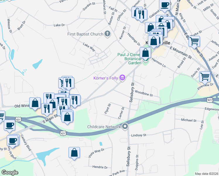 map of restaurants, bars, coffee shops, grocery stores, and more near 605 South Main Street in Kernersville