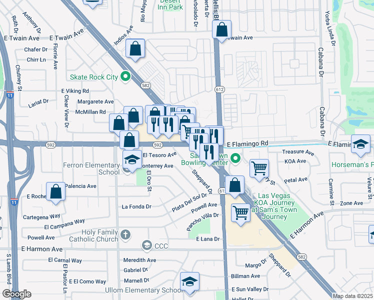 map of restaurants, bars, coffee shops, grocery stores, and more near 4154 Sheppard Drive in Las Vegas
