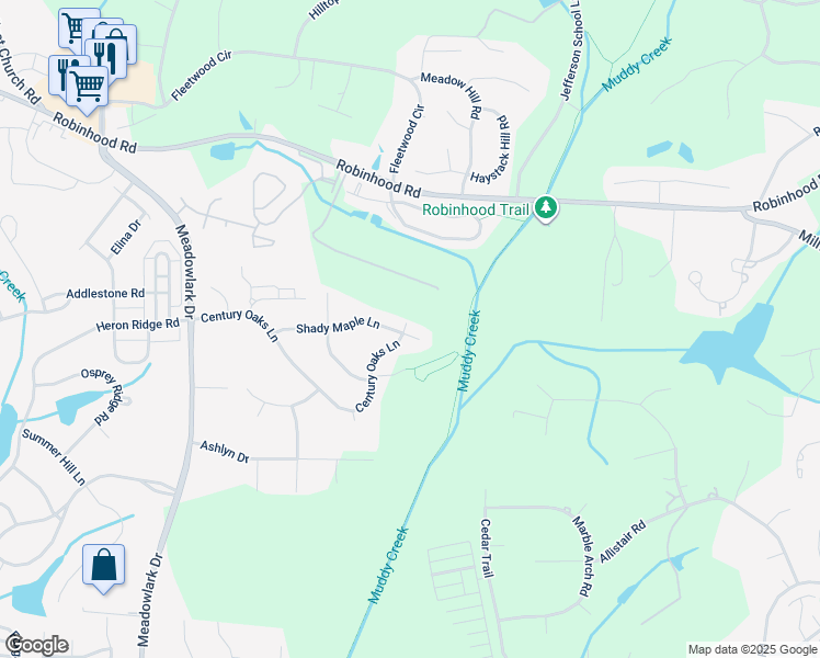 map of restaurants, bars, coffee shops, grocery stores, and more near 4825 Shady Maple Lane in Winston-Salem