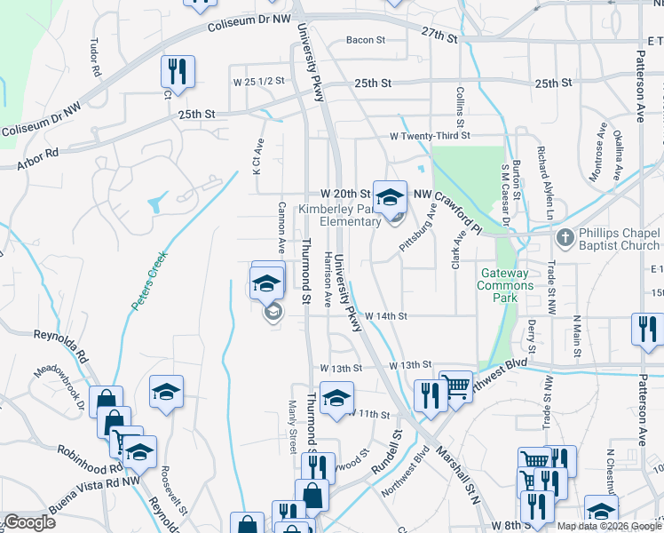 map of restaurants, bars, coffee shops, grocery stores, and more near 1420 Harrison Avenue in Winston-Salem