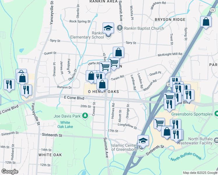 map of restaurants, bars, coffee shops, grocery stores, and more near 3102 Summit Avenue in Greensboro