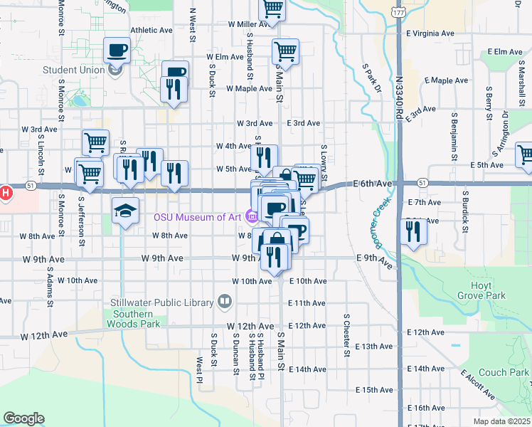 map of restaurants, bars, coffee shops, grocery stores, and more near 117 West 7th Avenue in Stillwater