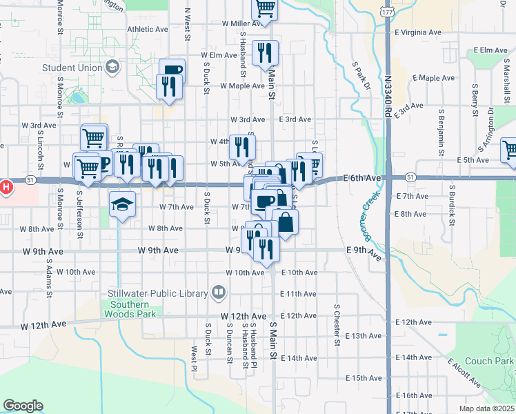 map of restaurants, bars, coffee shops, grocery stores, and more near 119 West 7th Avenue in Stillwater