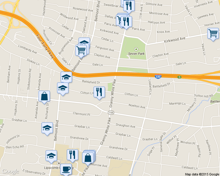 map of restaurants, bars, coffee shops, grocery stores, and more near 1202 Clifton Lane in Nashville