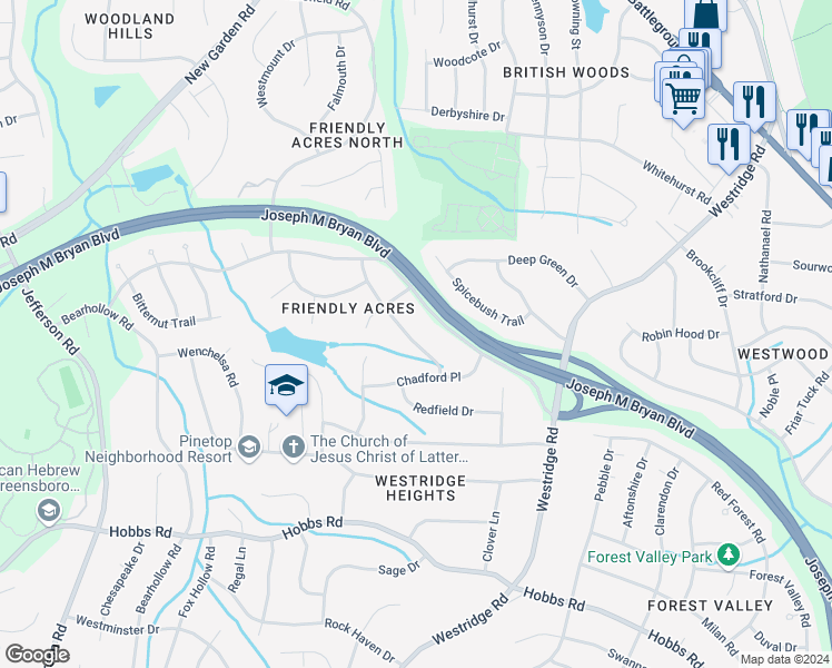 map of restaurants, bars, coffee shops, grocery stores, and more near 3612 Gainsboro Drive in Greensboro